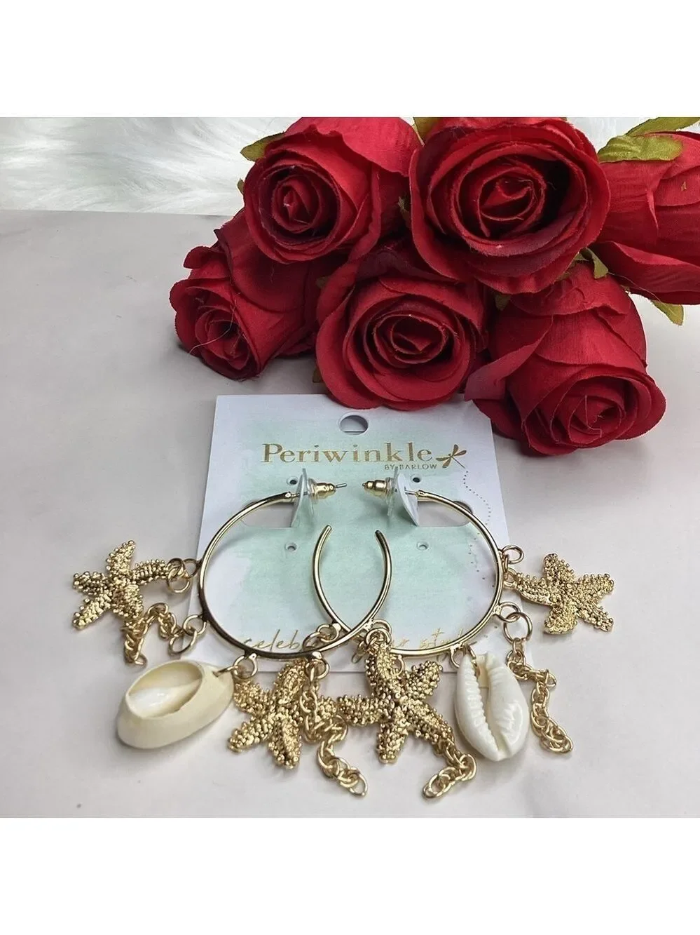 NEW PERIWINKLE BY BARLOW GOLD HOOP EARRINGS COASTAL BEACH‎ VACATION STARS SHELLS